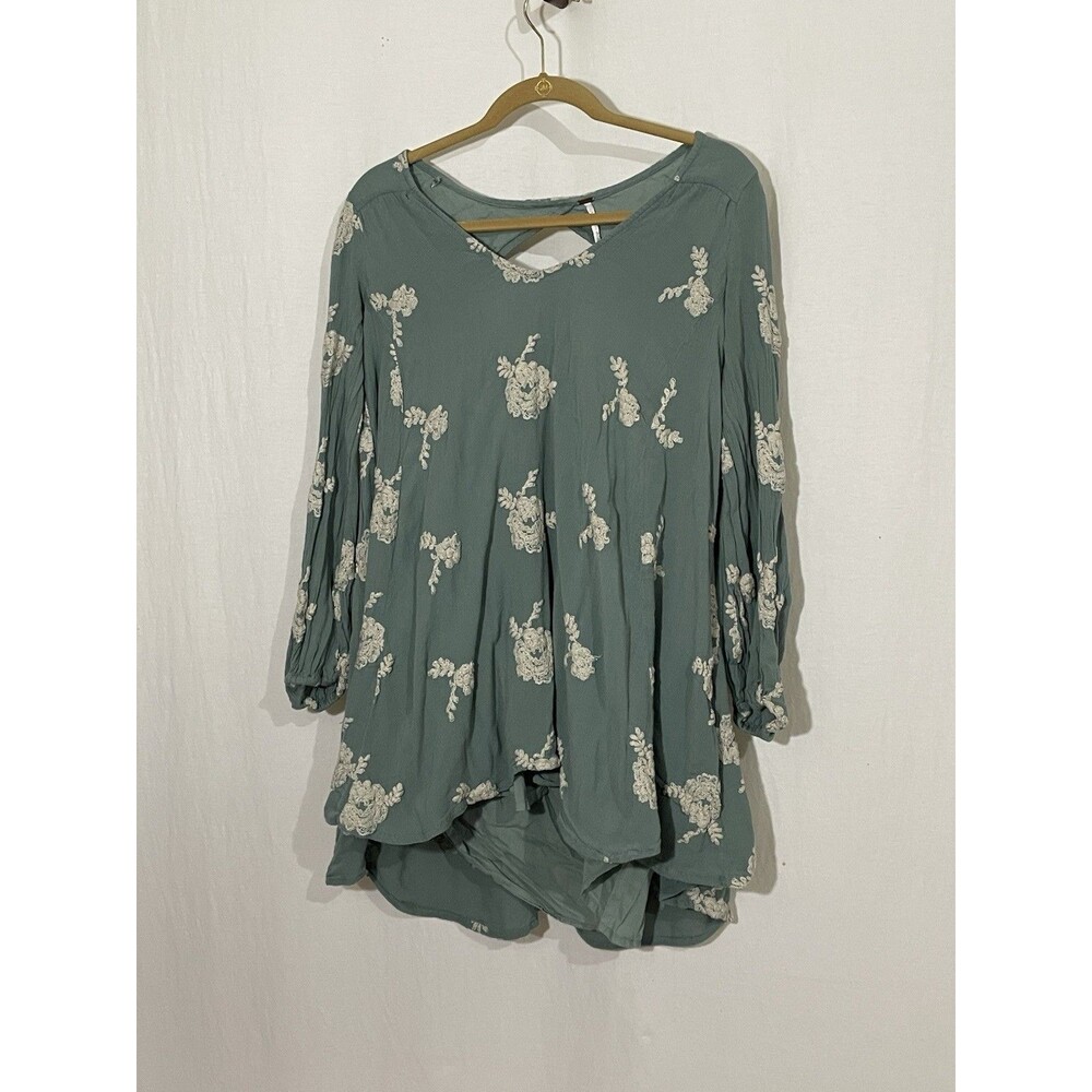 Free People Emma Austin Embroidered Long Sleeve Tunic Dress M Green Boho Peasant